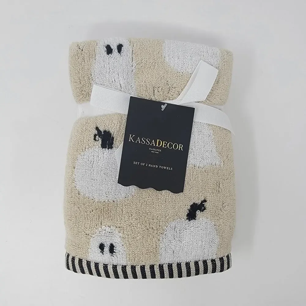 KassaDecor Hand Towels Set of 2 Ghost Pumpkins Halloween Beige White Black
